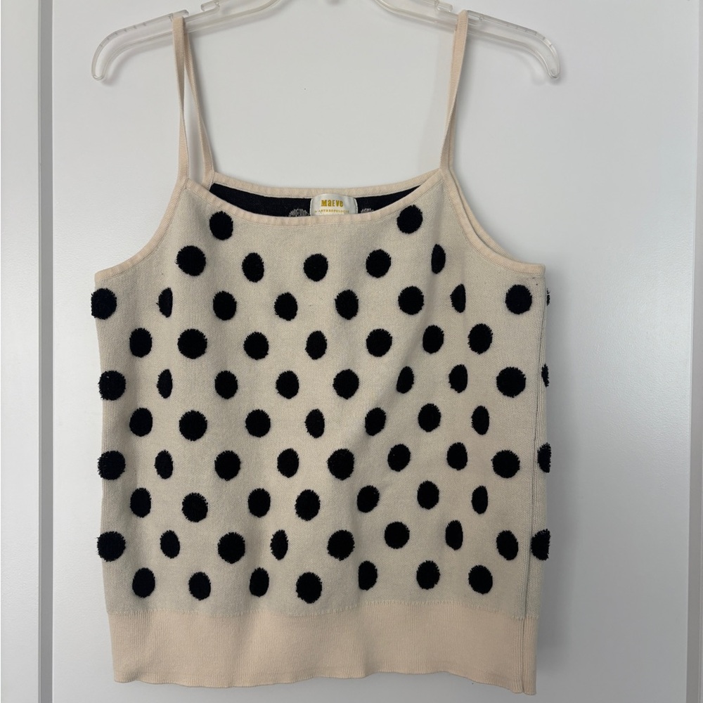 Anthropologie Cream Tank Top with Black Pom Dot Pattern